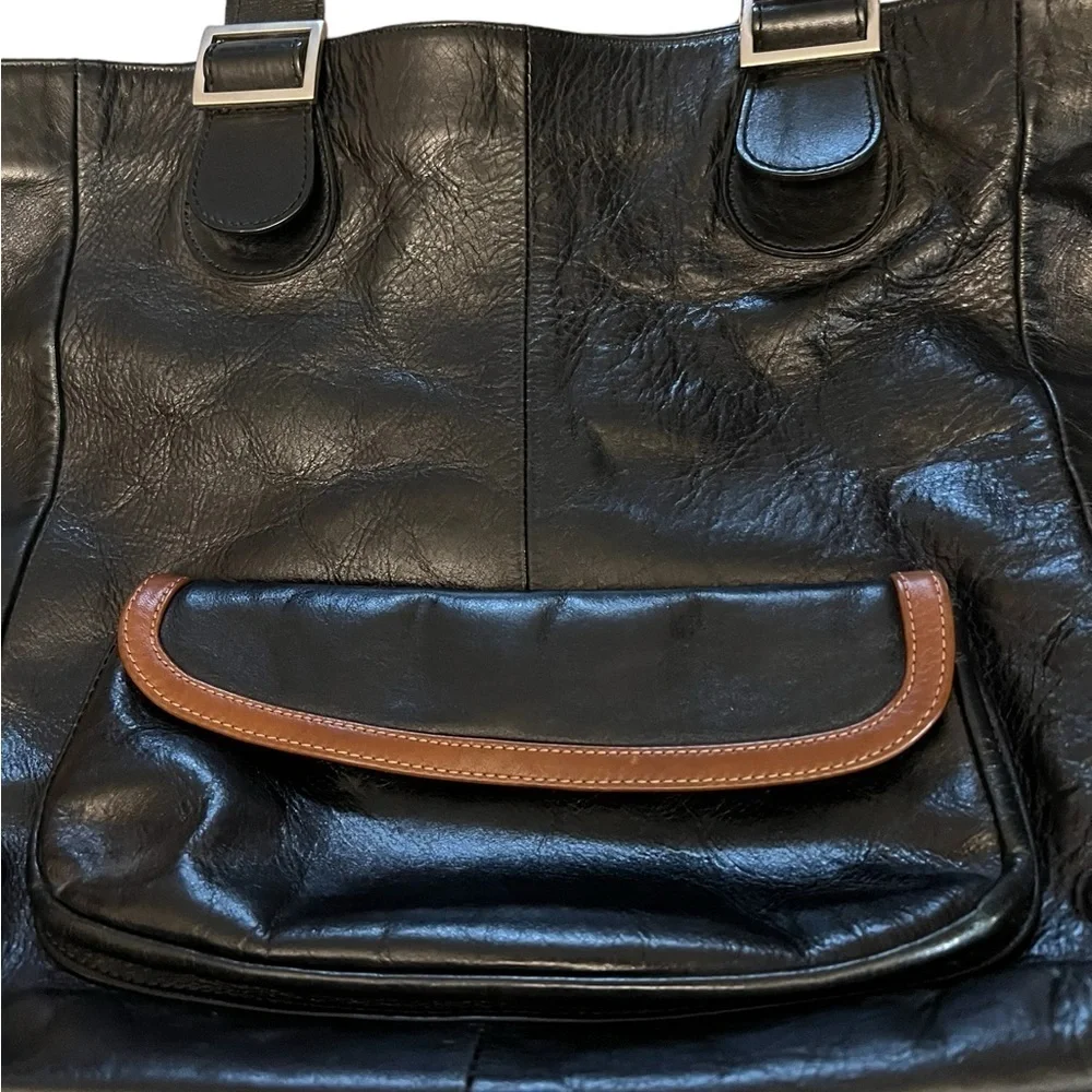 PLY New York Black & Brown 2 Tone Leather Tote Bag with Pocket & Striped Lining